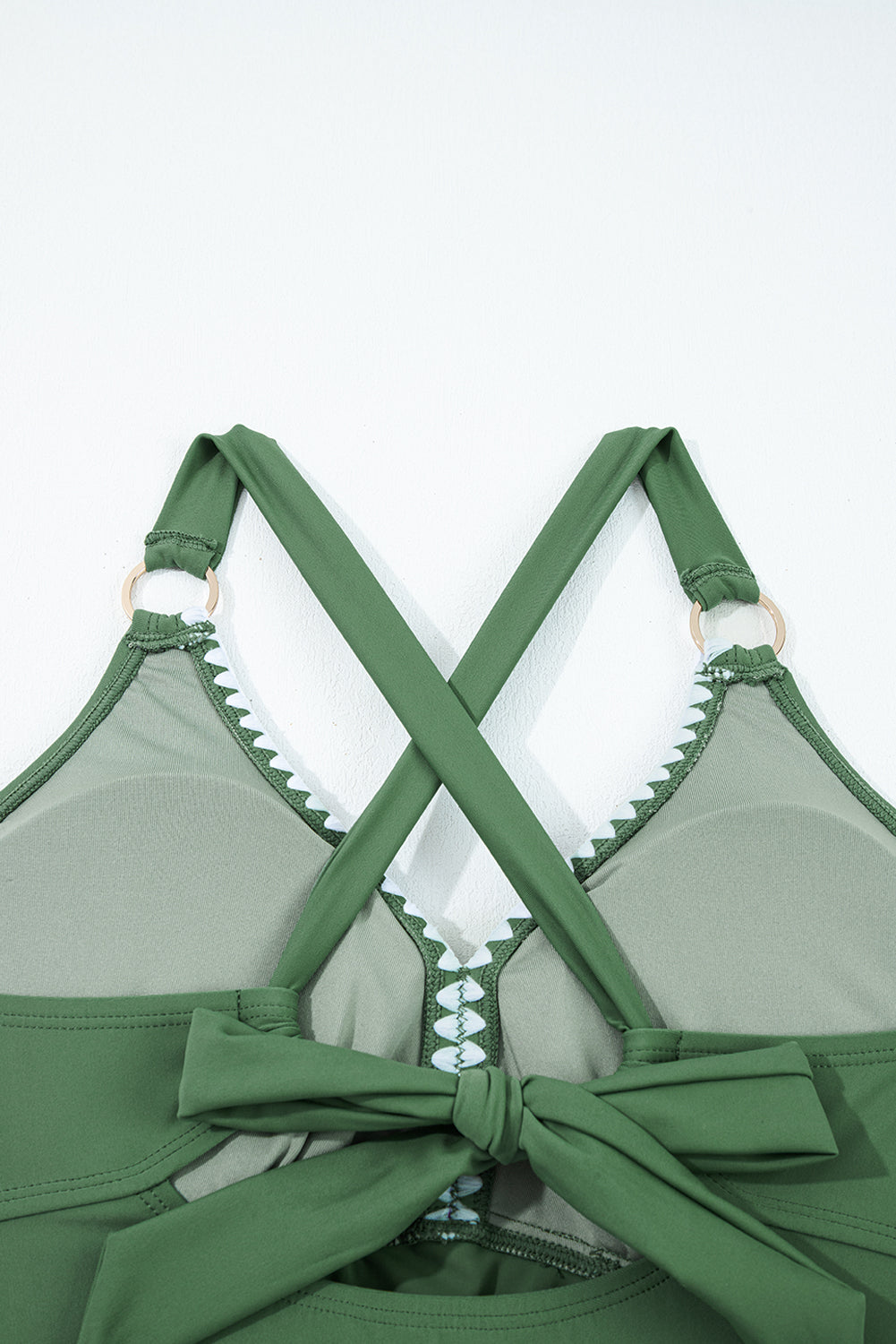 Four Leaf Clover O-ring Knot Back Straps Ricrac Trim V Neck Tankini Contrast Printed Swim Short 2pcs Set