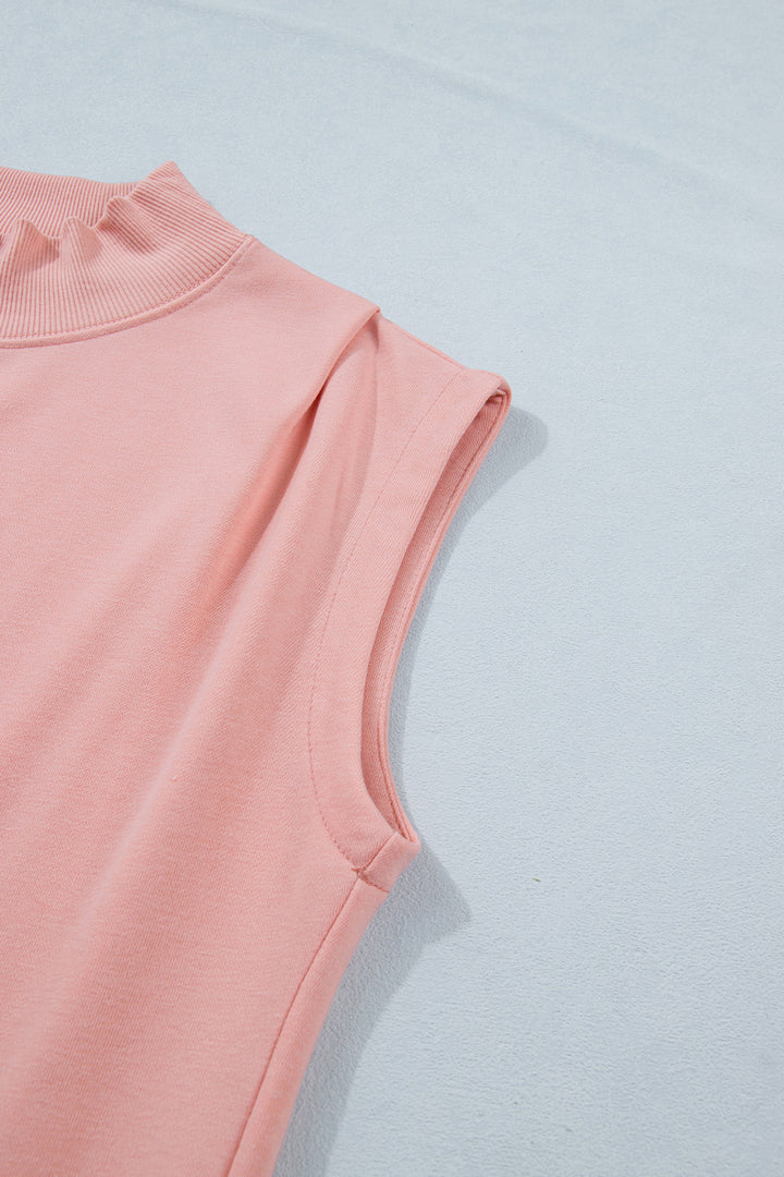 Pink Solid Color High Neck Cap Sleeve Loose Top