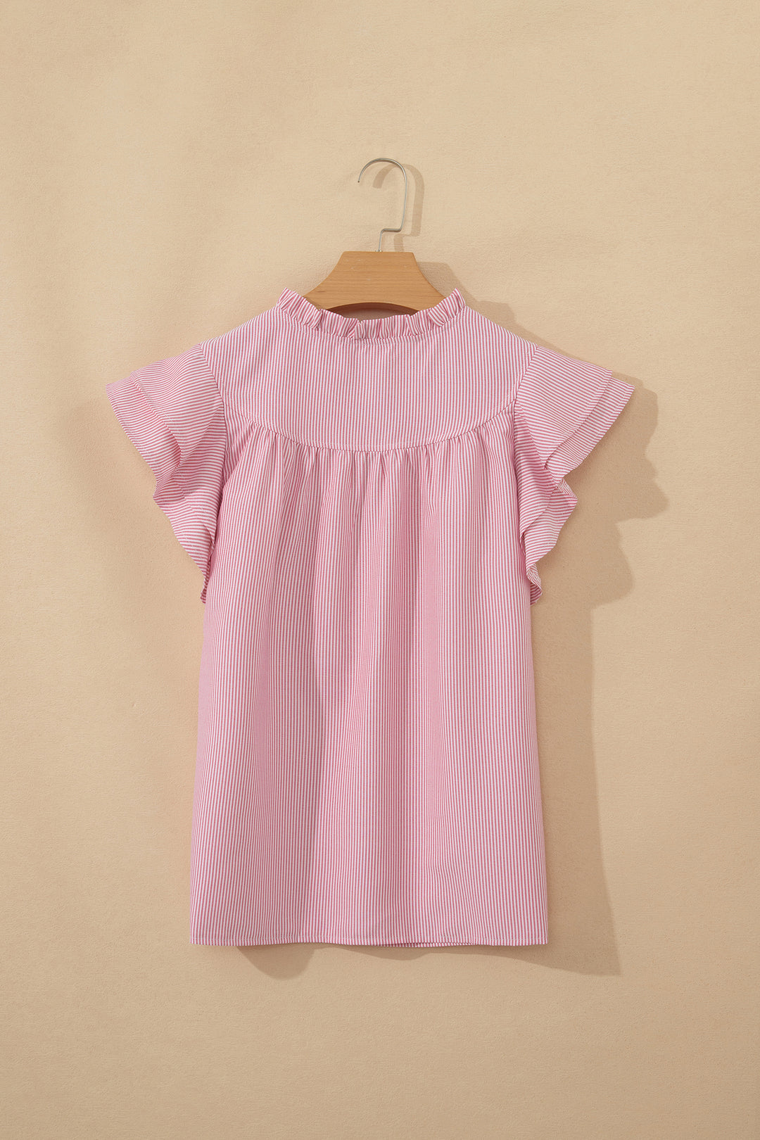 Red Stripe Frilly Split Neck Double Ruffled Short Sleeve Blouse
