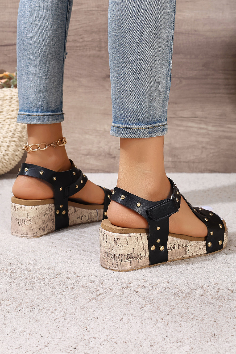 Rivet Hollow Out Leather Wedge Sandals