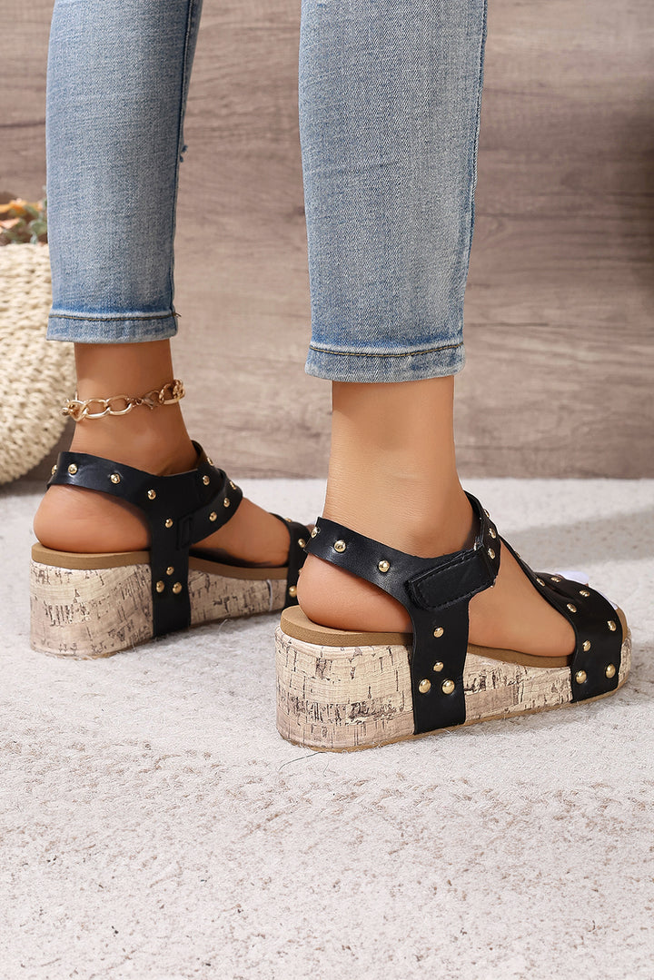 Rivet Hollow Out Leather Wedge Sandals