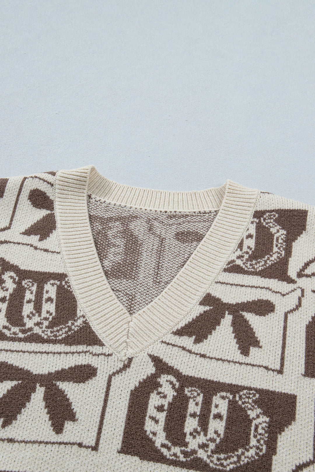 Brown Western Horseshoe Bow Printed V Neck Loose Sweater Vest