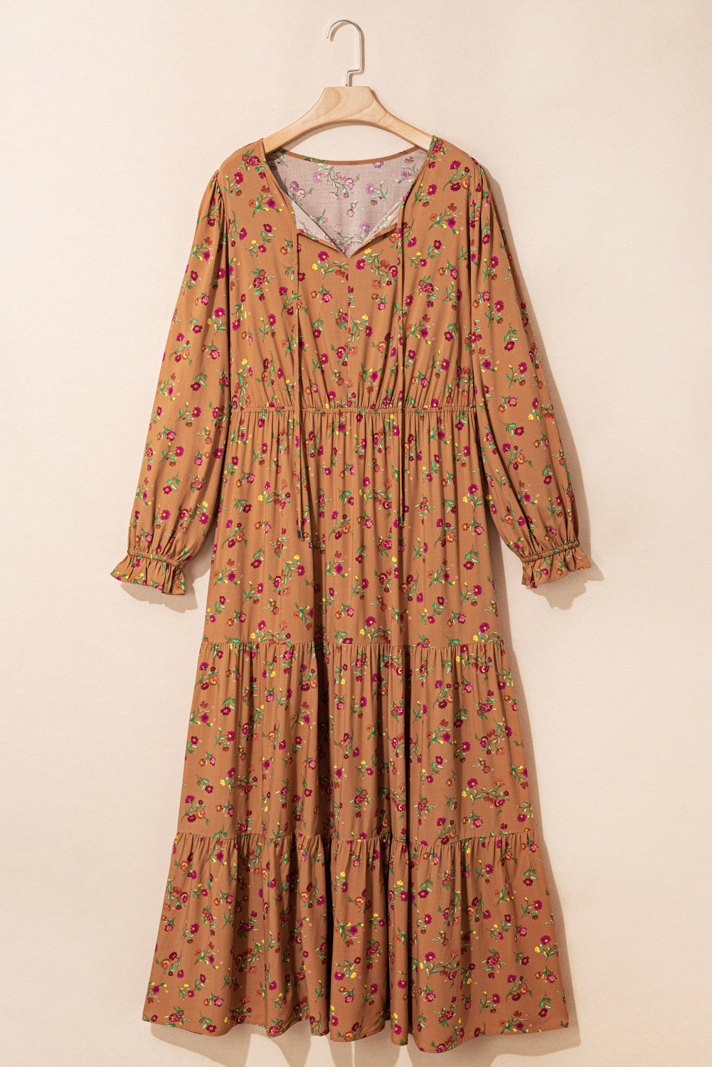 Brown Plus Size Floral Split V Neck Tiered Maxi Dress
