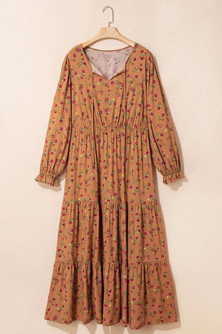 Brown Plus Size Floral Split V Neck Tiered Maxi Dress