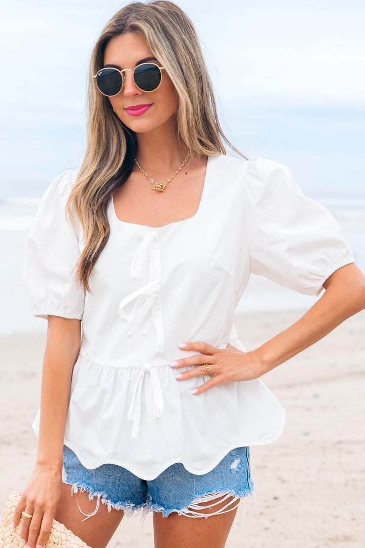 bow knot decor square neck puff sleeve peplum top
