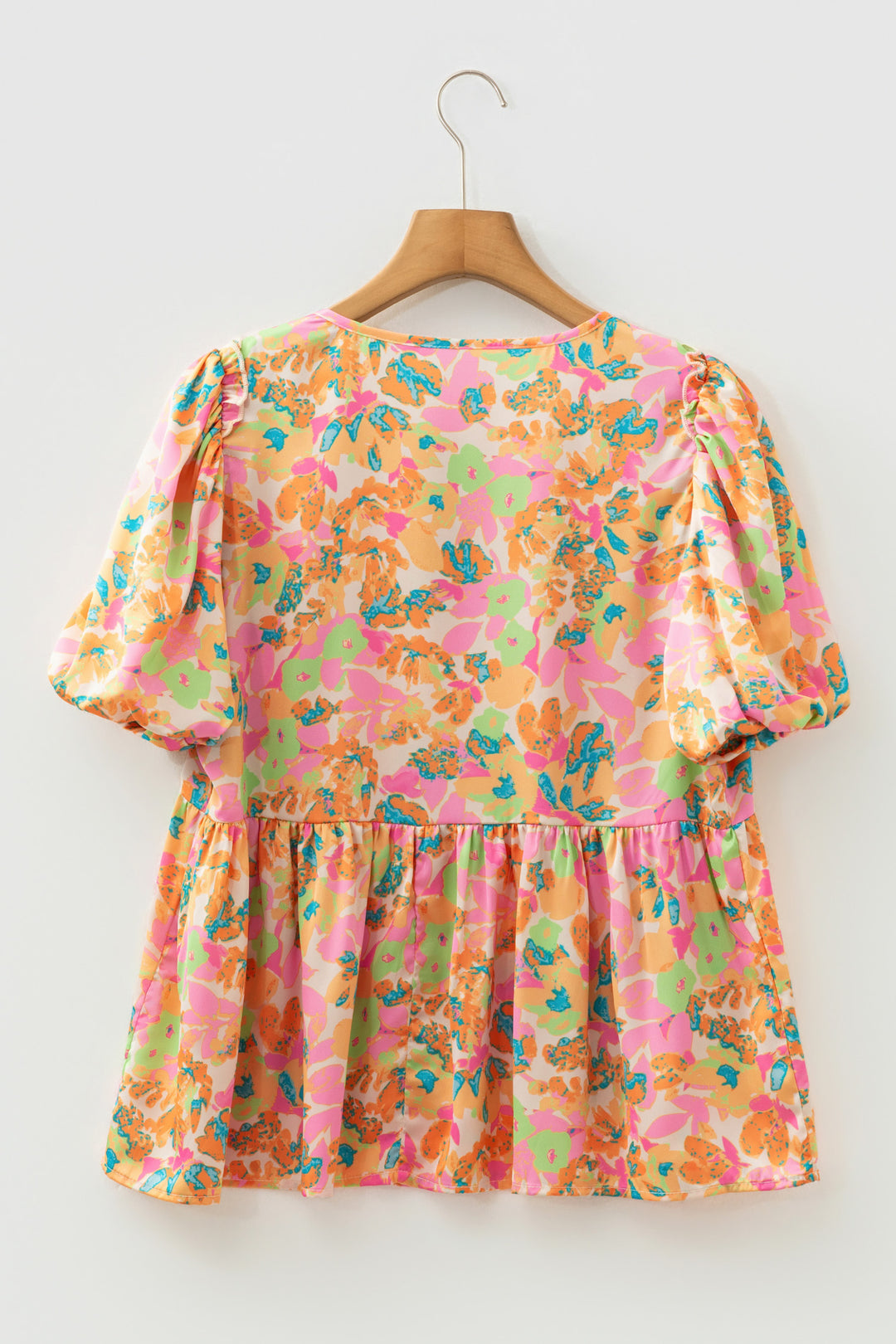 Split V Neck Short Sleeve Flower Blouse