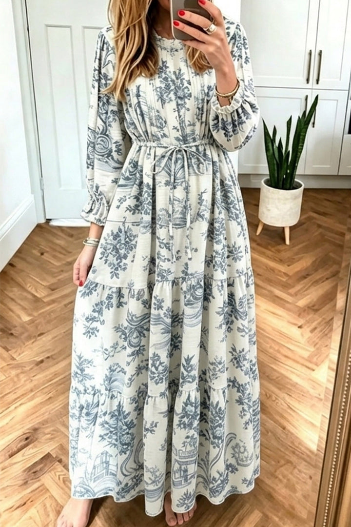 White Floral Print Long Sleeve Shift Maxi Dress