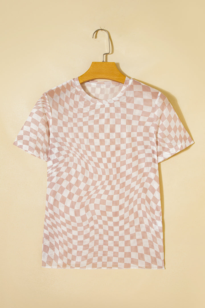 Khaki Checkered Print Crew Neck Mesh T Shirt