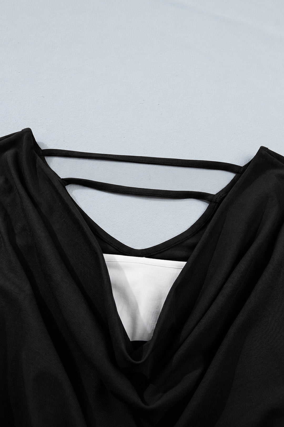 Black Color Block Drape V Neck Pleated Long Sleeve Top