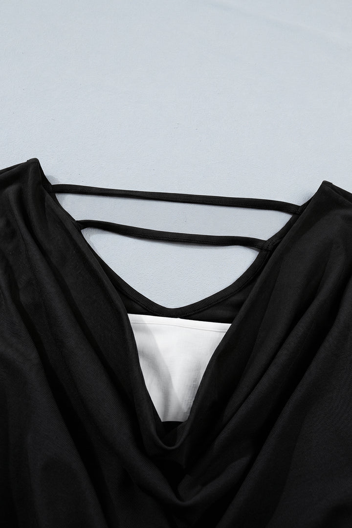 Black Color Block Drape V Neck Pleated Long Sleeve Top
