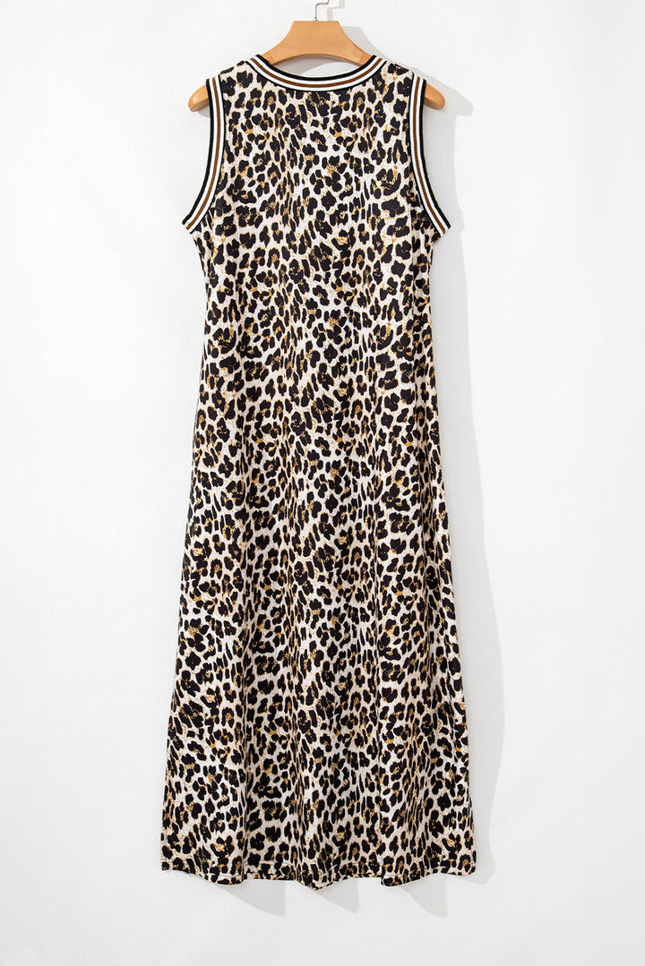 Contrast Striped Trim Leopard Sleeveless Maxi Dress