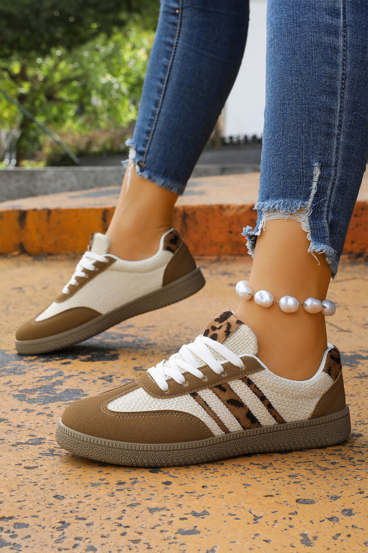 Color Block Leopard Patchwork Lace-up Flat Shoes