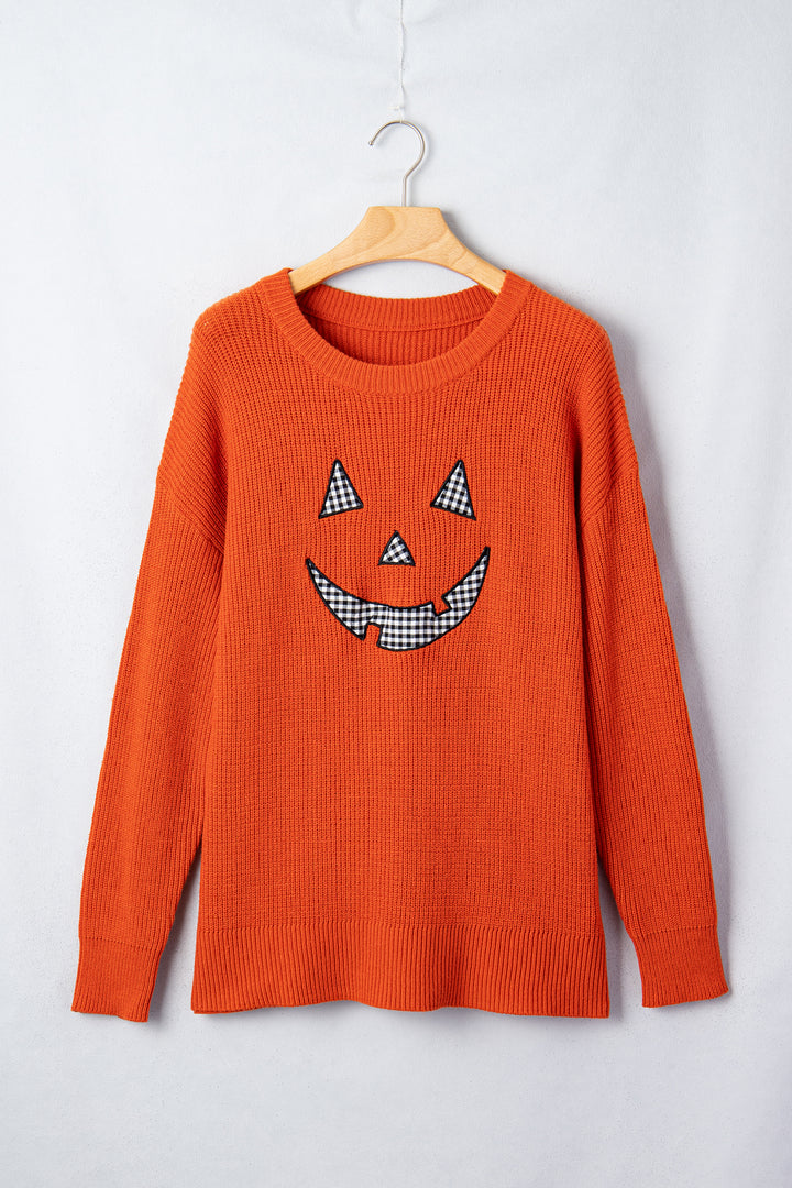 Orange Drop Shoulder Long Sleeve Round Neck Halloween Sweater