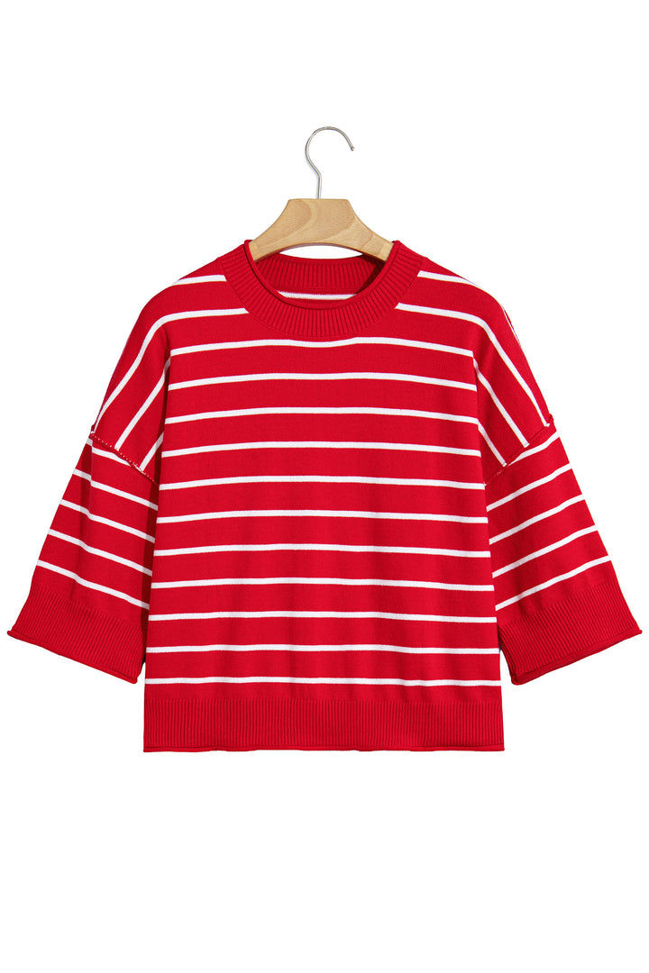 Red Stripe Dropped Shoulder Half Sleeve Relaxed Knit Sweater