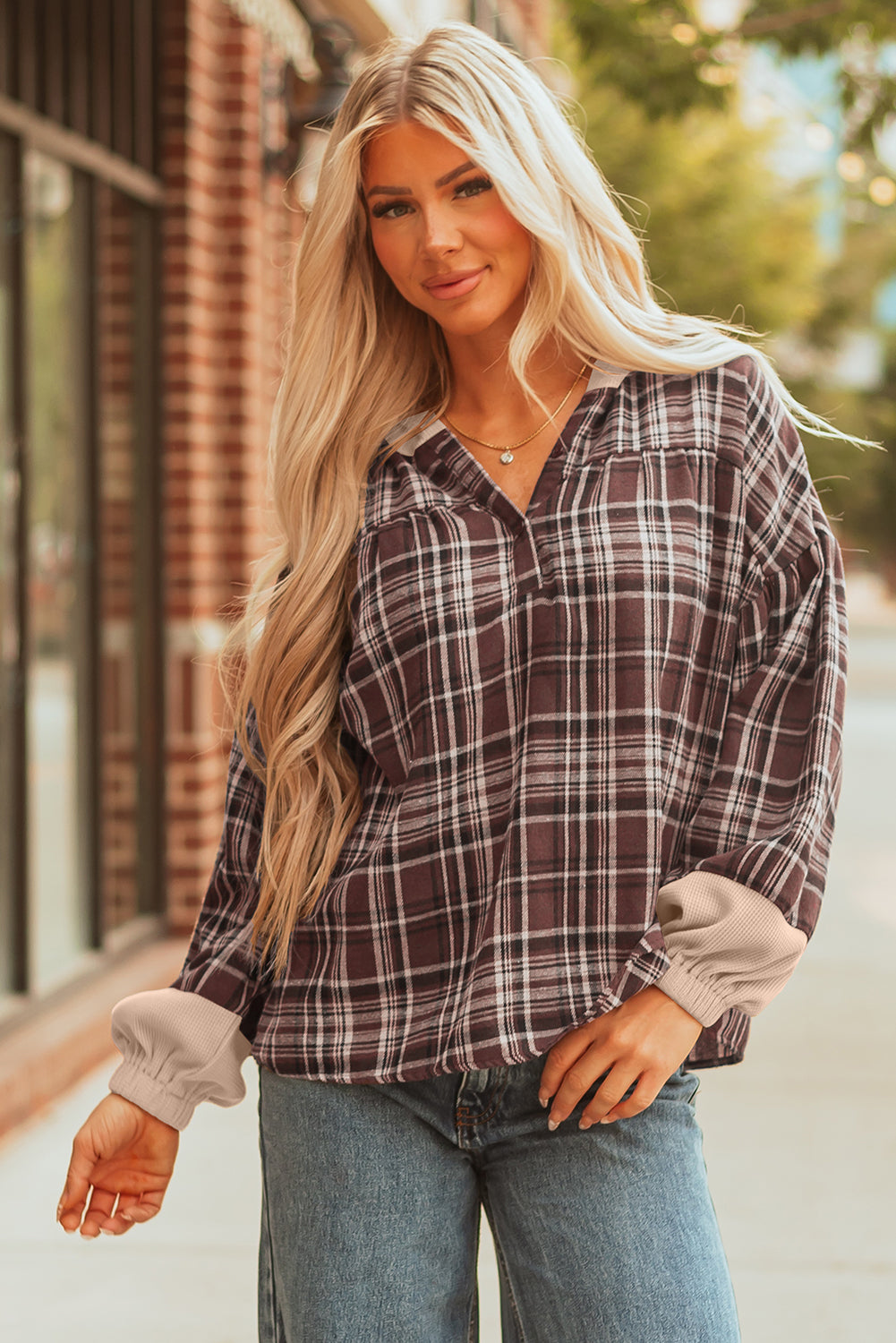 Plaid Patchwork Long Sleeve Button Hooded Blouse