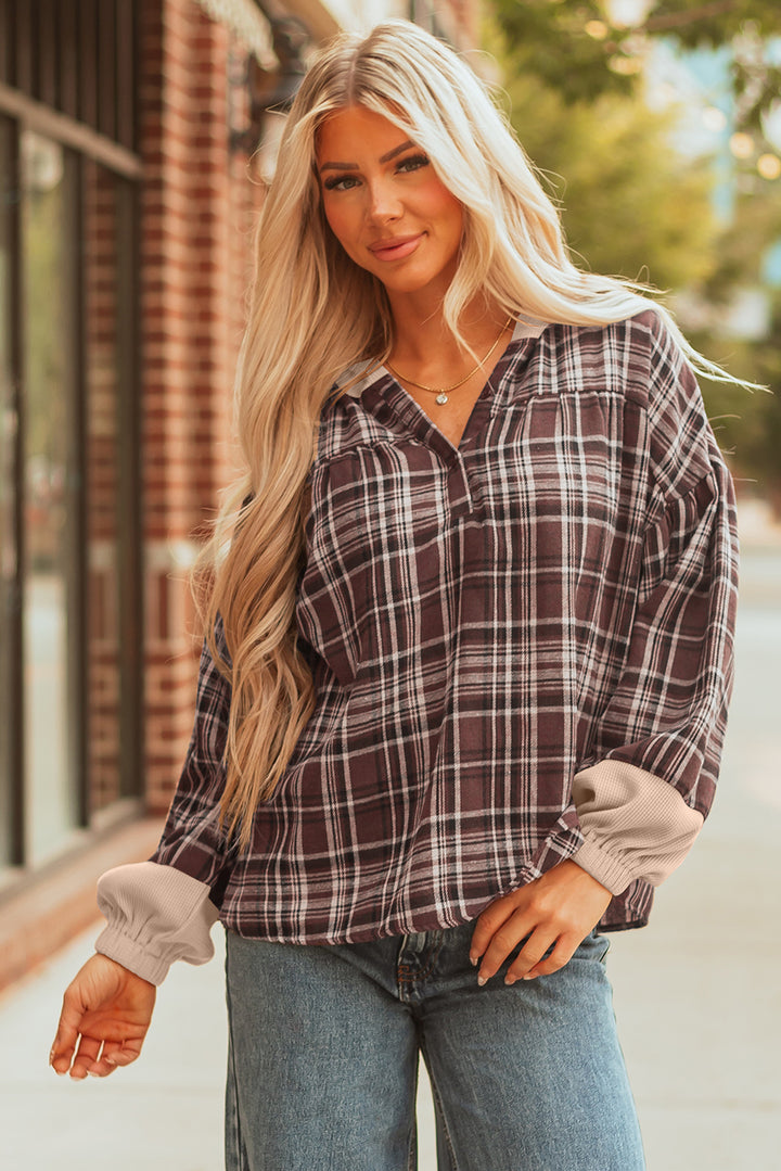 Plaid Patchwork Long Sleeve Button Hooded Blouse