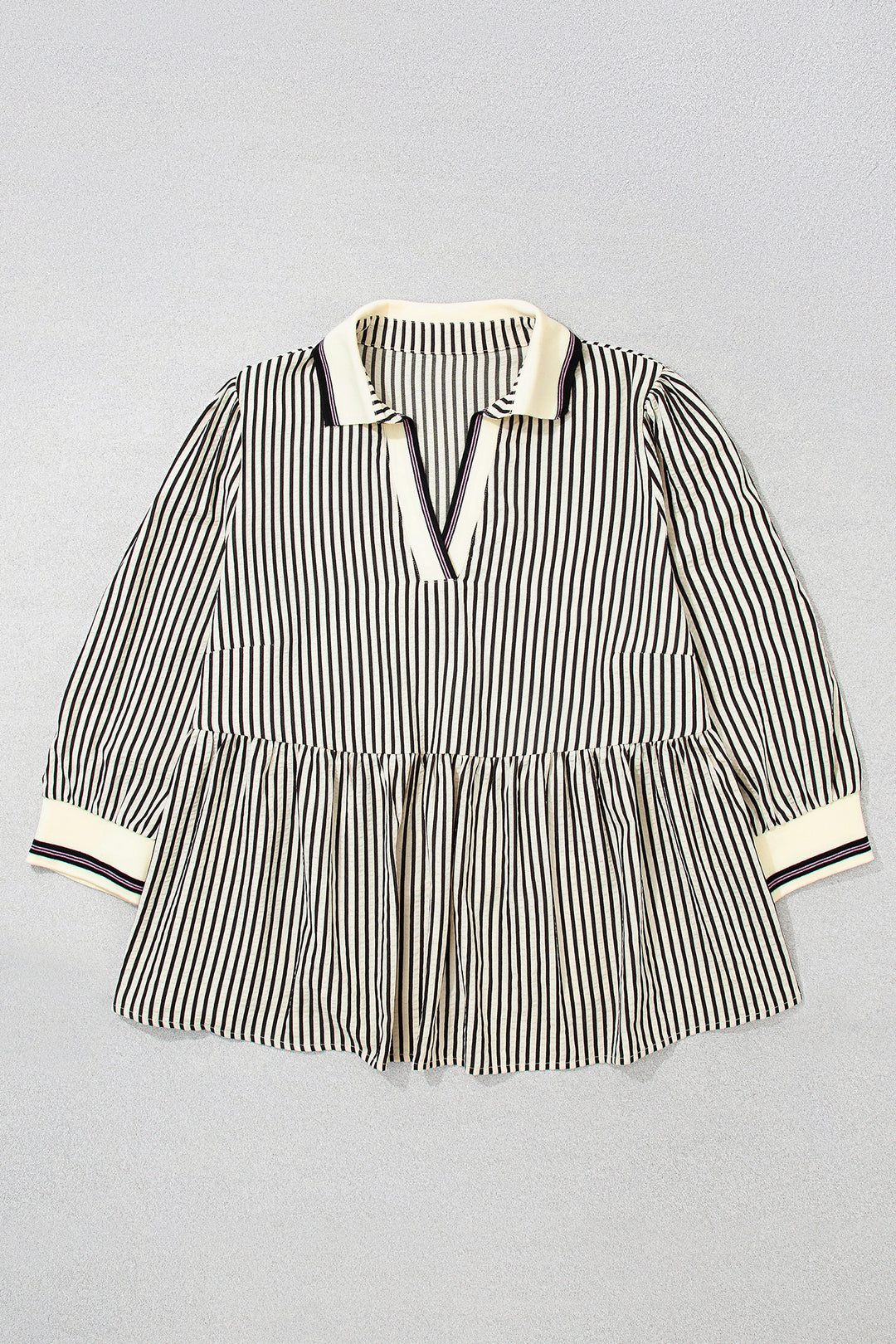 Black Stripe Patchwork V Neck Tunic Plus Size Blouse