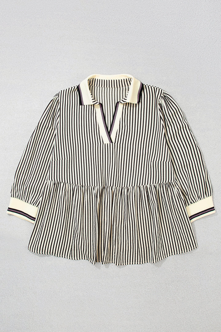 Black Stripe Patchwork V Neck Tunic Plus Size Blouse