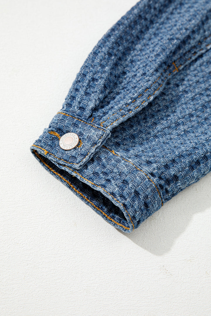 Blue Double Flap Pocket Denim Textured Button Down Jacket