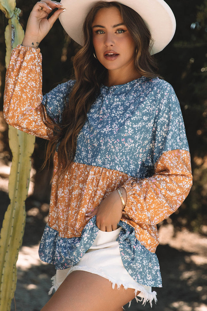 Floral Color Block Patchwork Ruffled Hem Round Neck Blouse