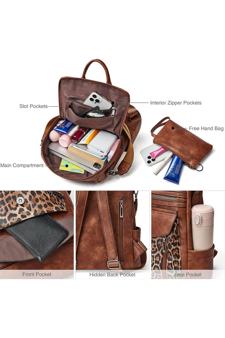Sac à dos fonctionnel en cuir PU à motif patchwork léopard