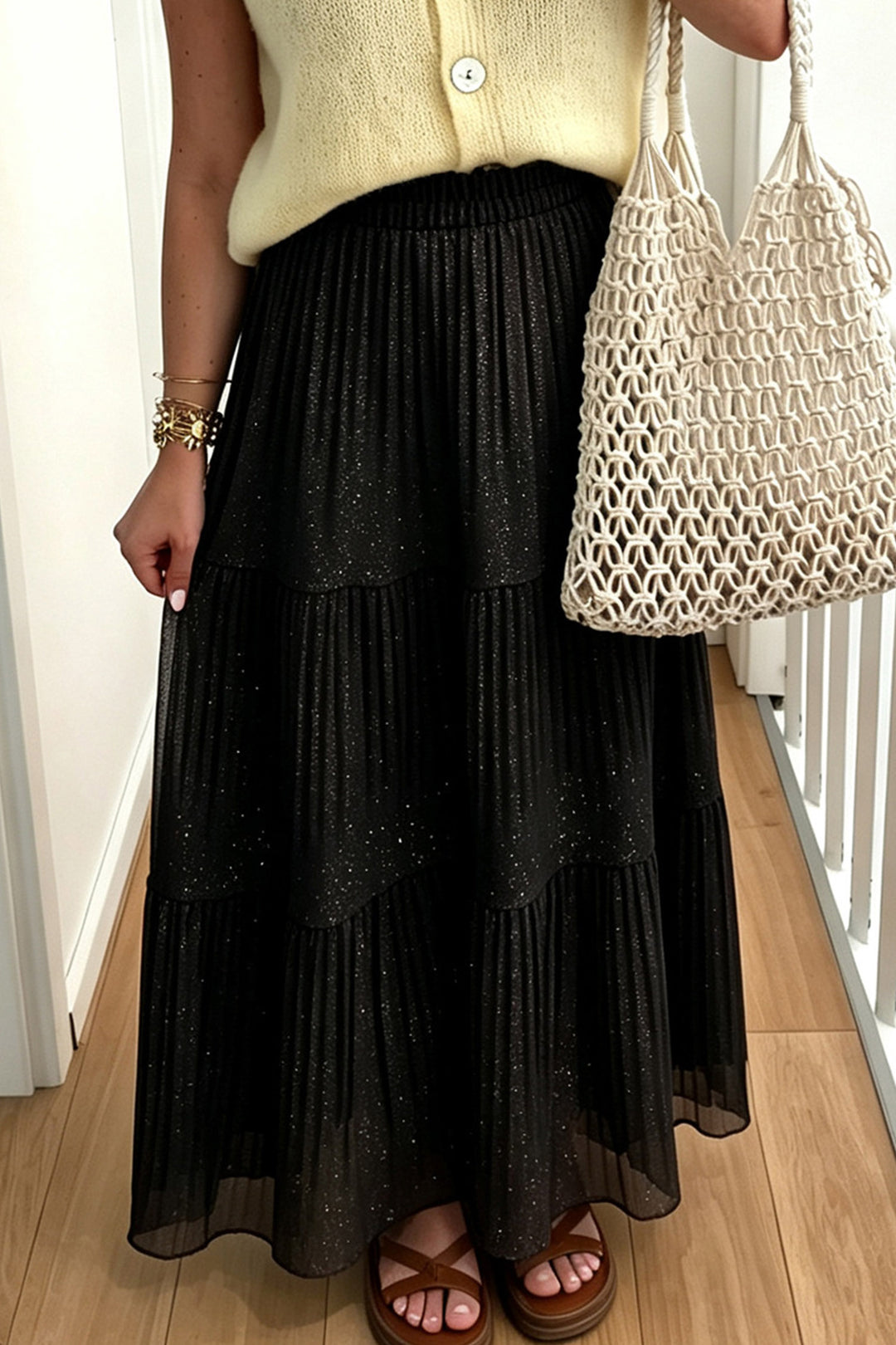 Black Solid Color Shimmer Detail Pleated Tiered Long Skirt
