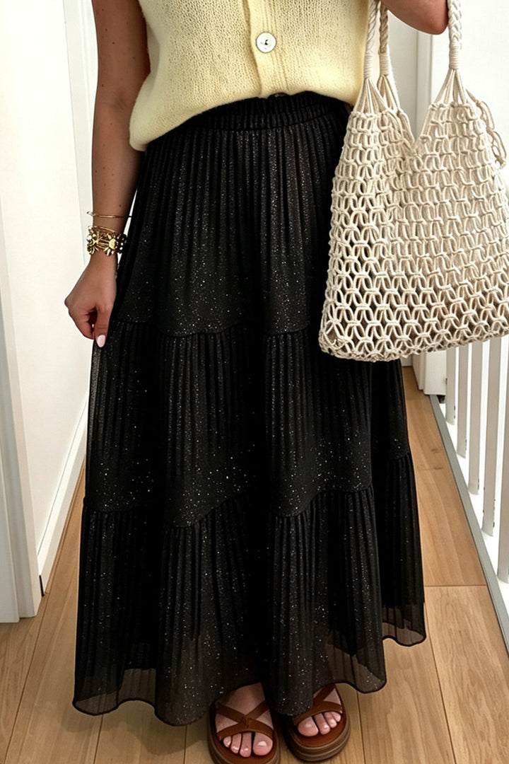 Black Solid Color Shimmer Detail Pleated Tiered Long Skirt