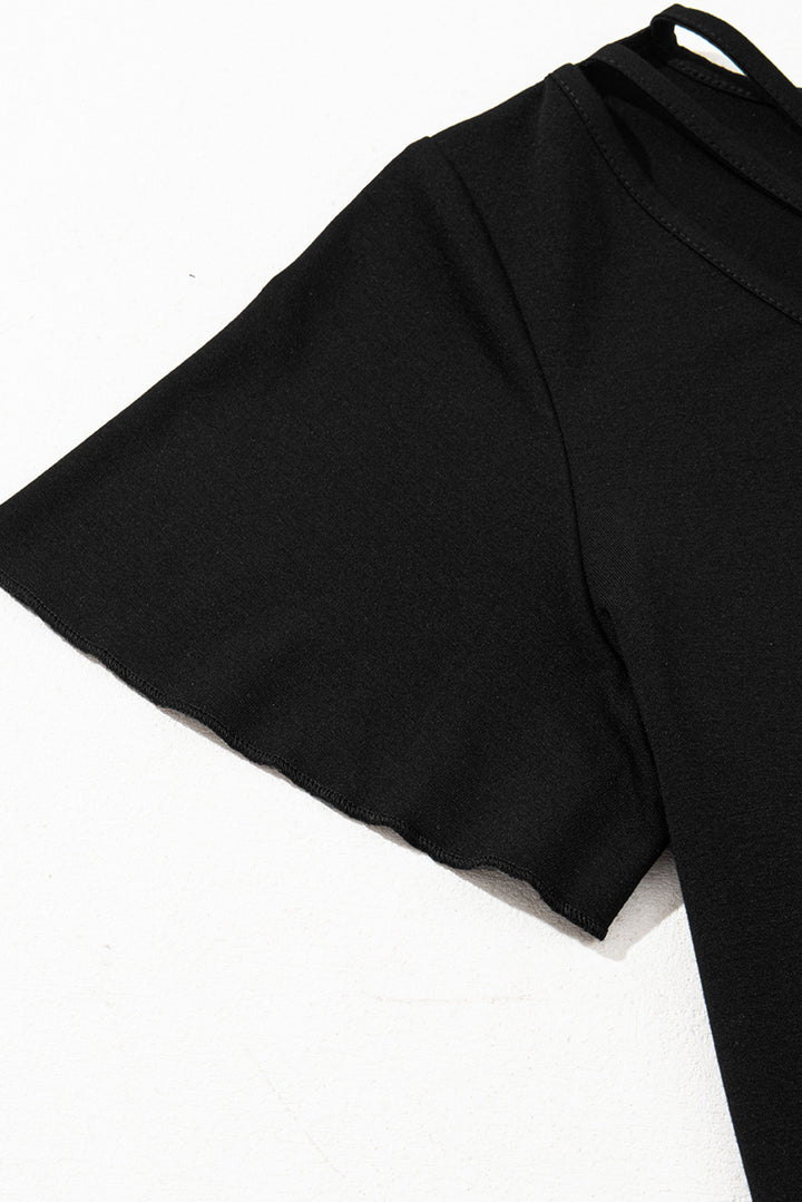 Black Crisscross V Neck Butterfly Sleeve T Shirt