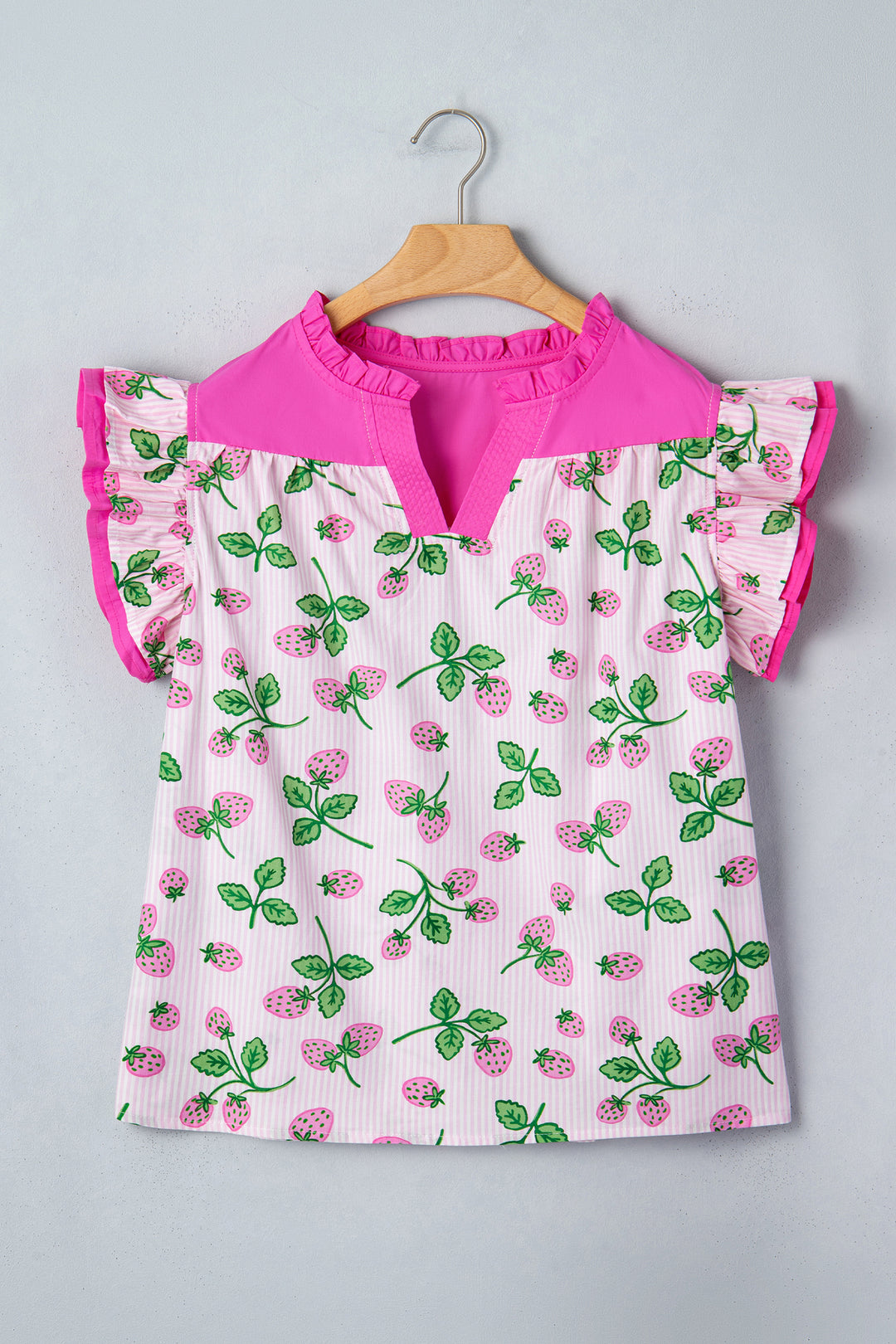 Striped Strawberry Printed Color Block Patchwork V Neck Flutter Sleeve Blouse
