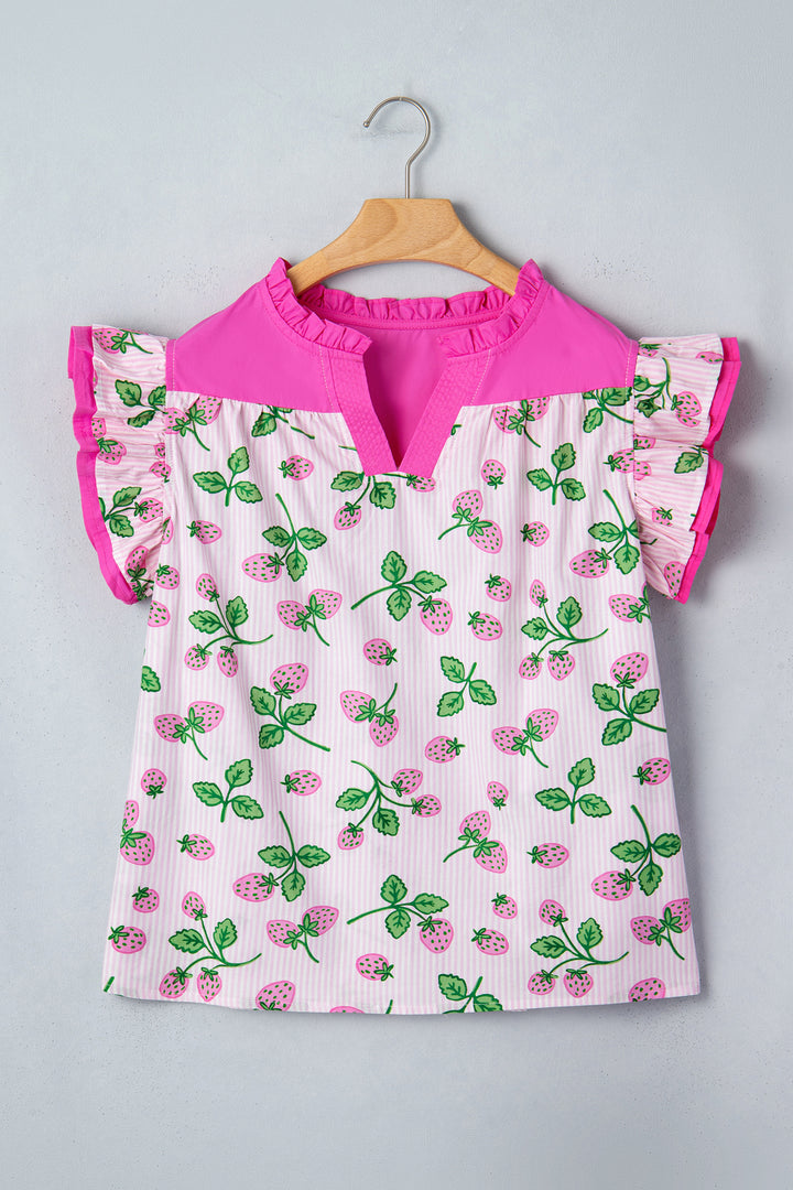 Striped Strawberry Printed Color Block Patchwork V Neck Flutter Sleeve Blouse