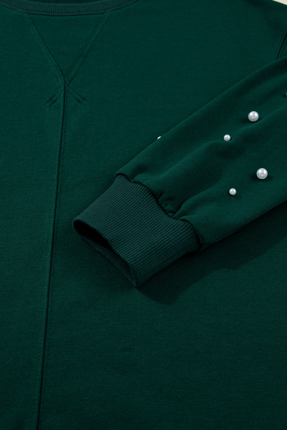Dark Green Pearl Embellished Pullover Elastic Waist Mini Skirt Set