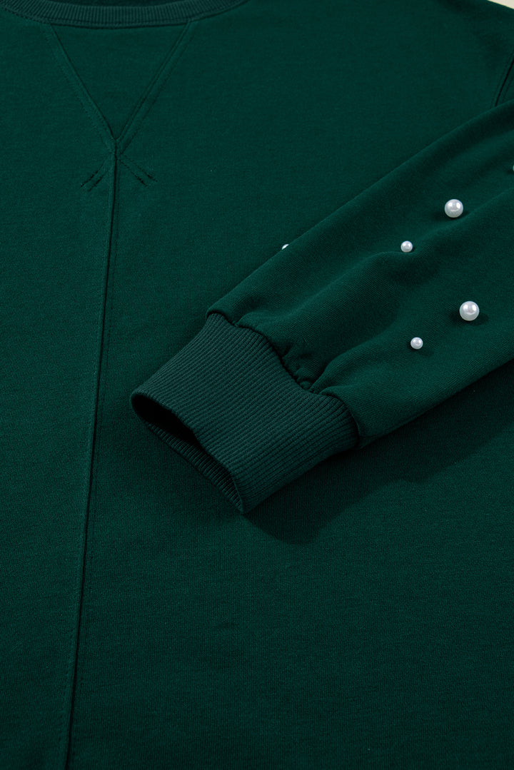 Dark Green Pearl Embellished Pullover Elastic Waist Mini Skirt Set