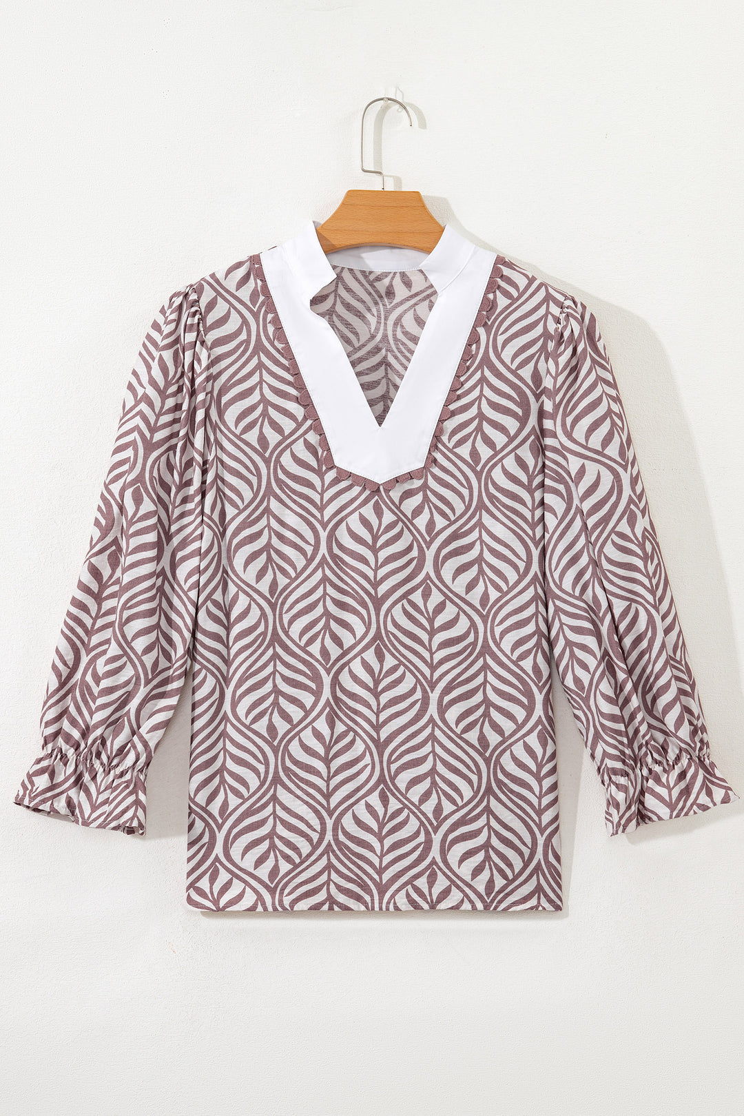 Leaf Print Standing Collar Puff Sleeve Top