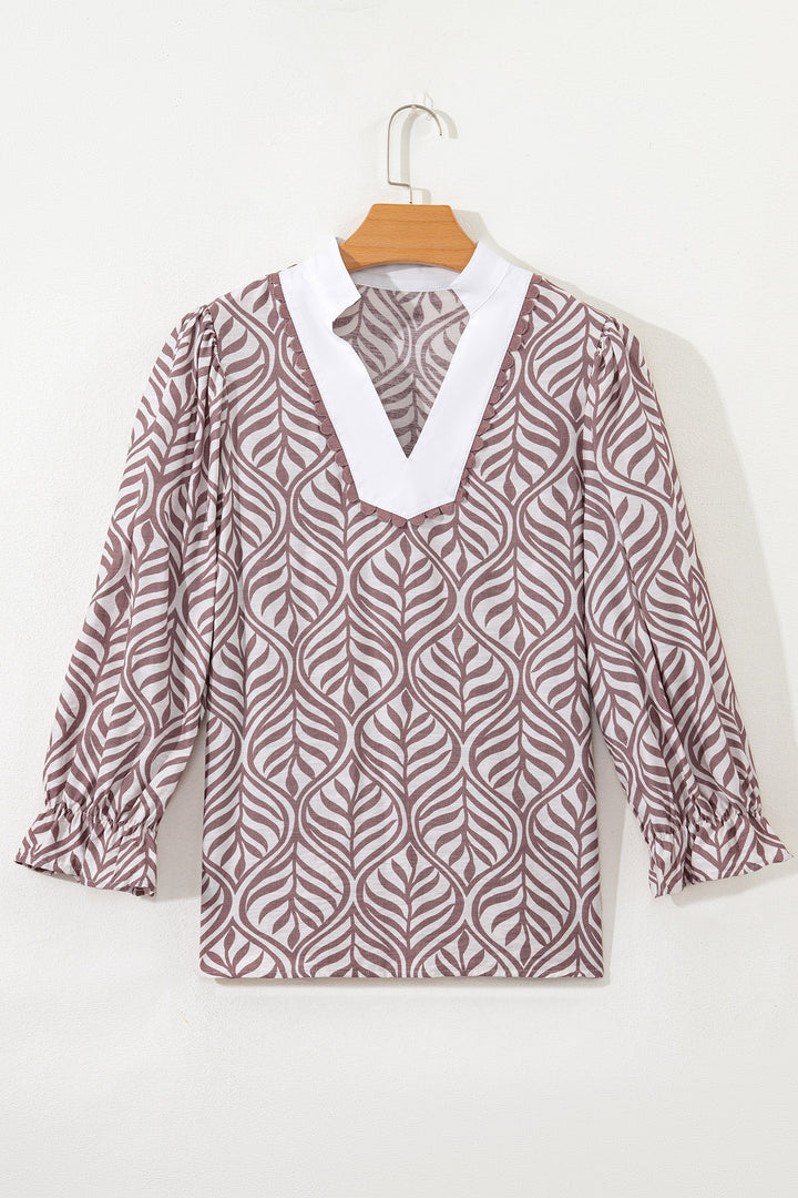 Leaf Print Standing Collar Puff Sleeve Top