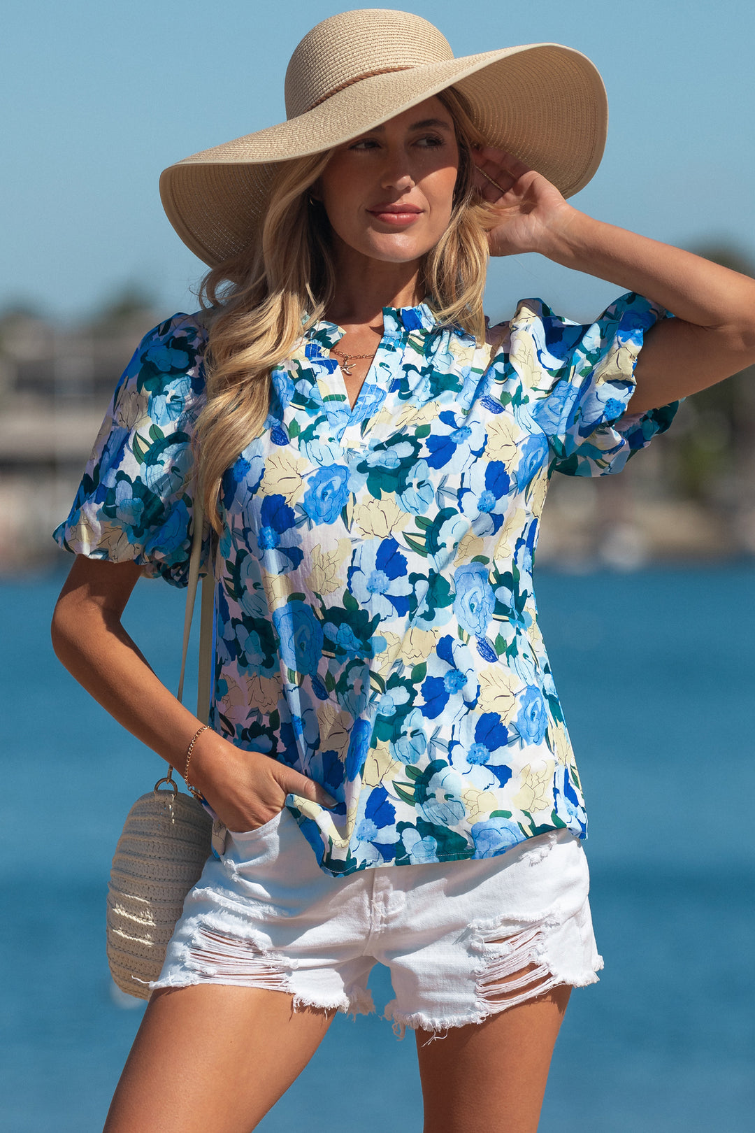 Floral Print Short Puff Sleeve V Neck Blouse