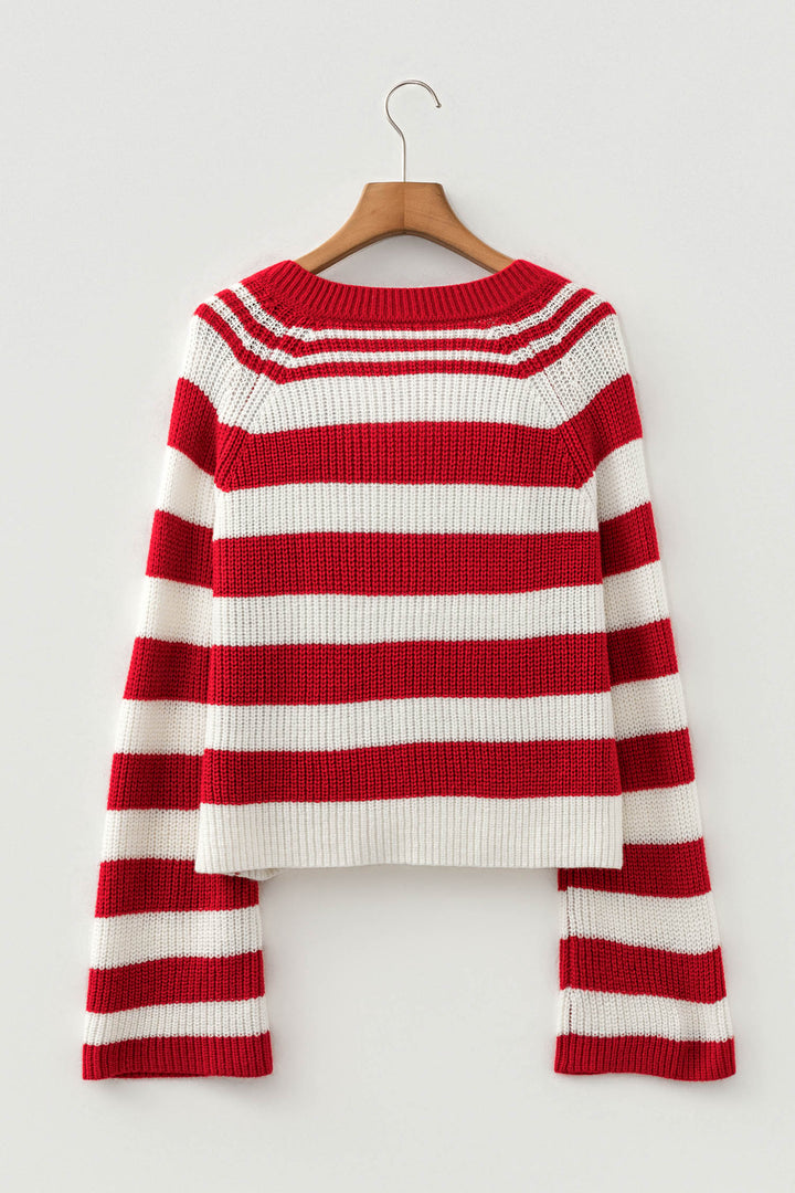 Red Stripe Striped Colorblock V Neck Long Sleeve Shift Sweater