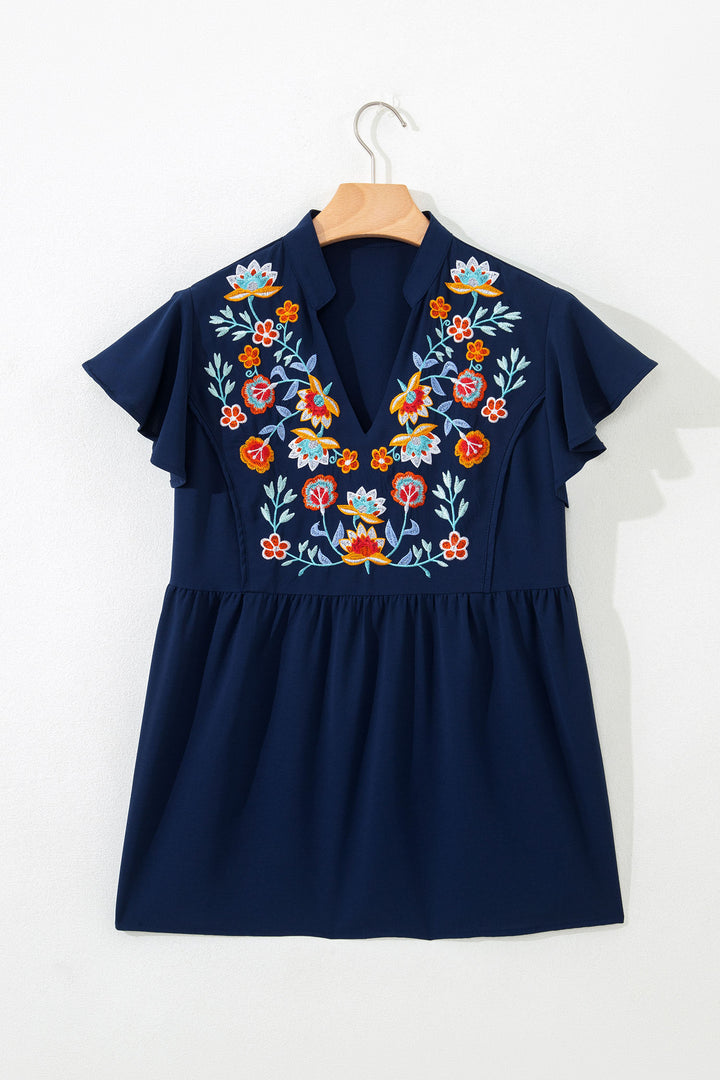 Dirty Blue V Neck Ruffled Sleeve Floral Embroidered Detail Babydoll Blouse