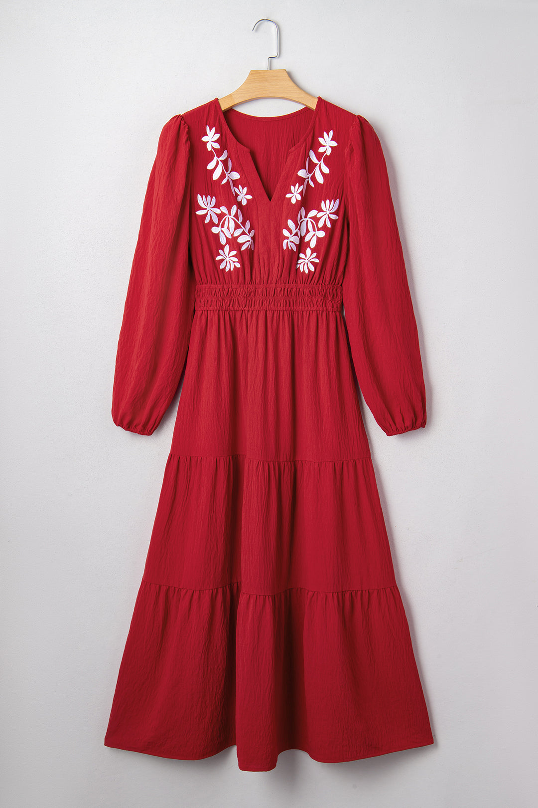 Contrast Embroidered Detail Cinched Waist Tiered Long Sleeve Maxi Dress