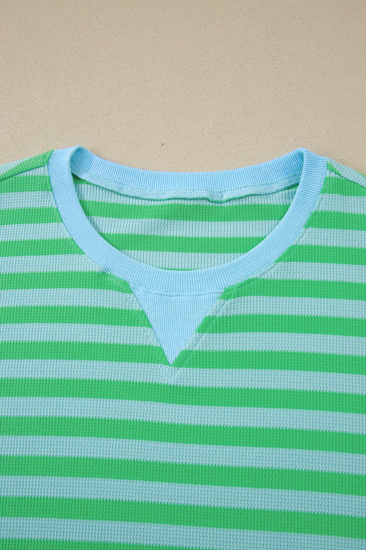 Green Stripe Plus Size Colorblock Detail Puff Sleeve Top Drawstring Shorts 2pcs Outfit