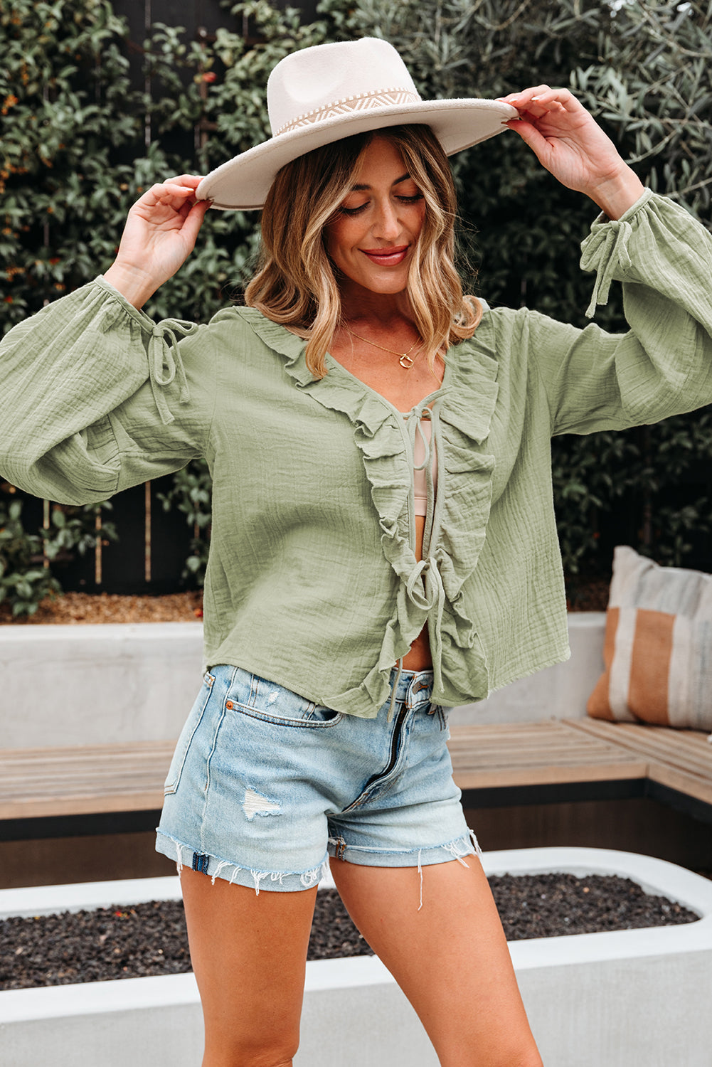 Bow Tie Front Ruffle Trim V Neck Long Sleeve Gauze Blouse