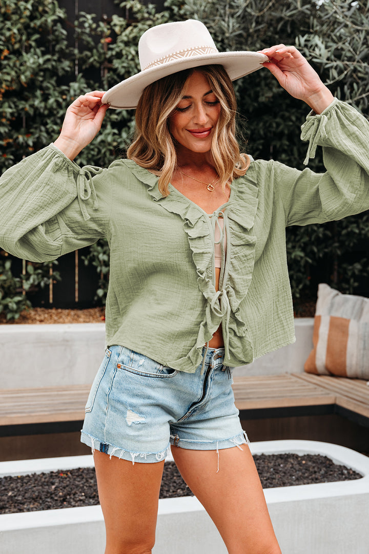 Bow Tie Front Ruffle Trim V Neck Long Sleeve Gauze Blouse