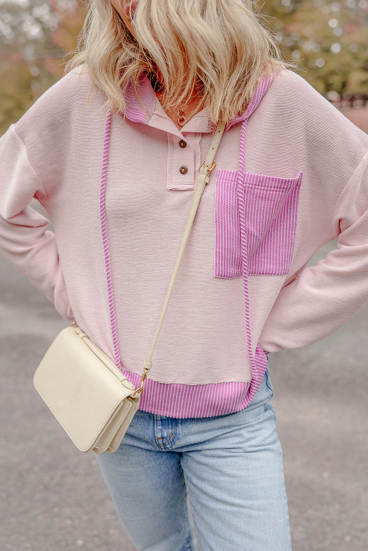Corded Colorblock Patch Pocket Drawstring Hooded Top