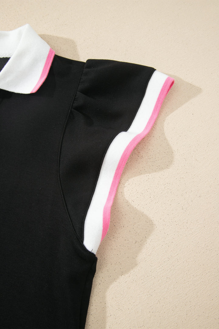 Black Preppy Striped Trim V Neck Polo Tee Drawstring Skort Set