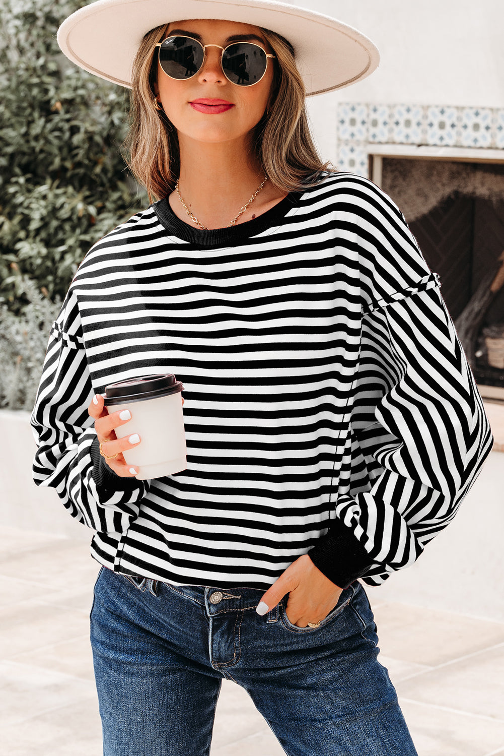 Exposed Seam Drop Shoulder Casual Pullover Top