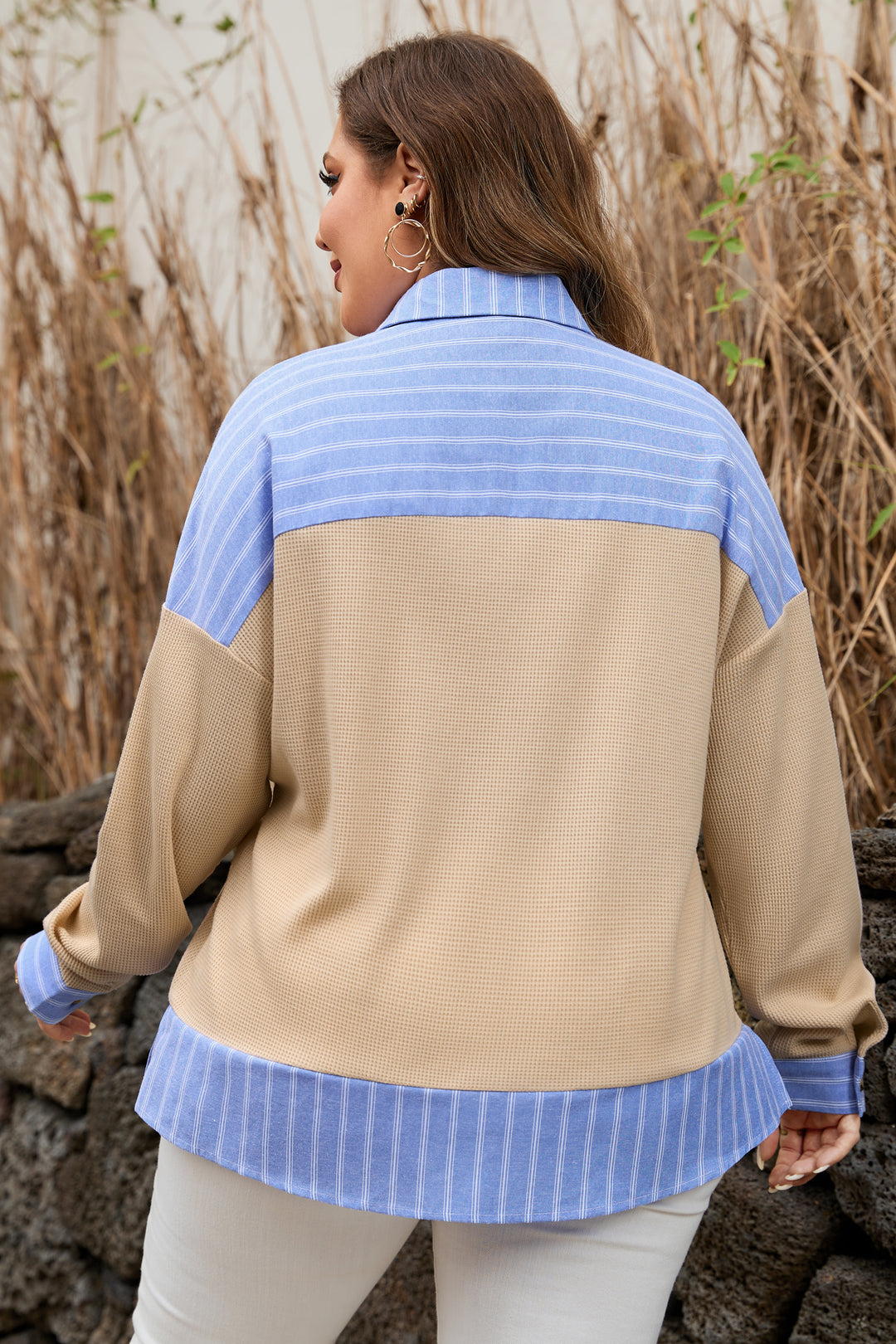 Parchment Plus Size Striped Contrast Trim Waffle Knit Collared Top