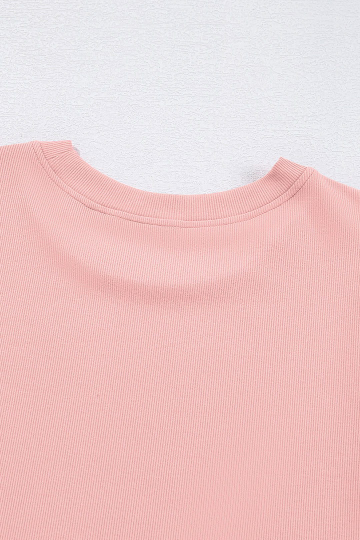 Light Pink Ribbed Pearl Beaded Puff Sleeve Top