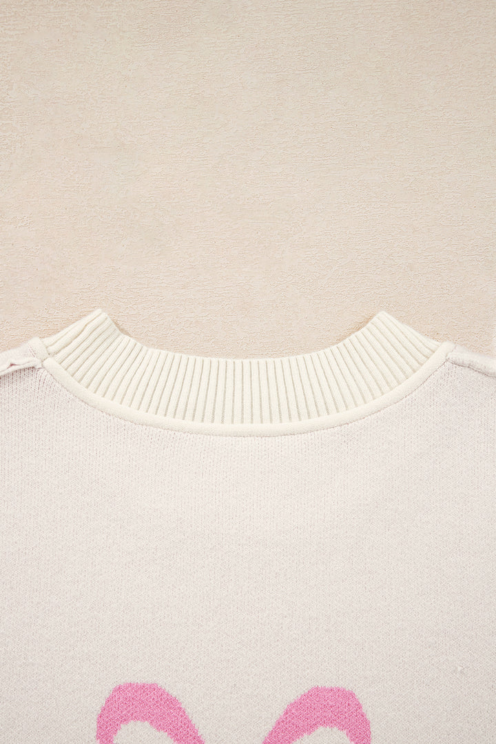 Pink Bow Print Ribbed Trim Exposed Seam Drop Shoulder Loose Sweater