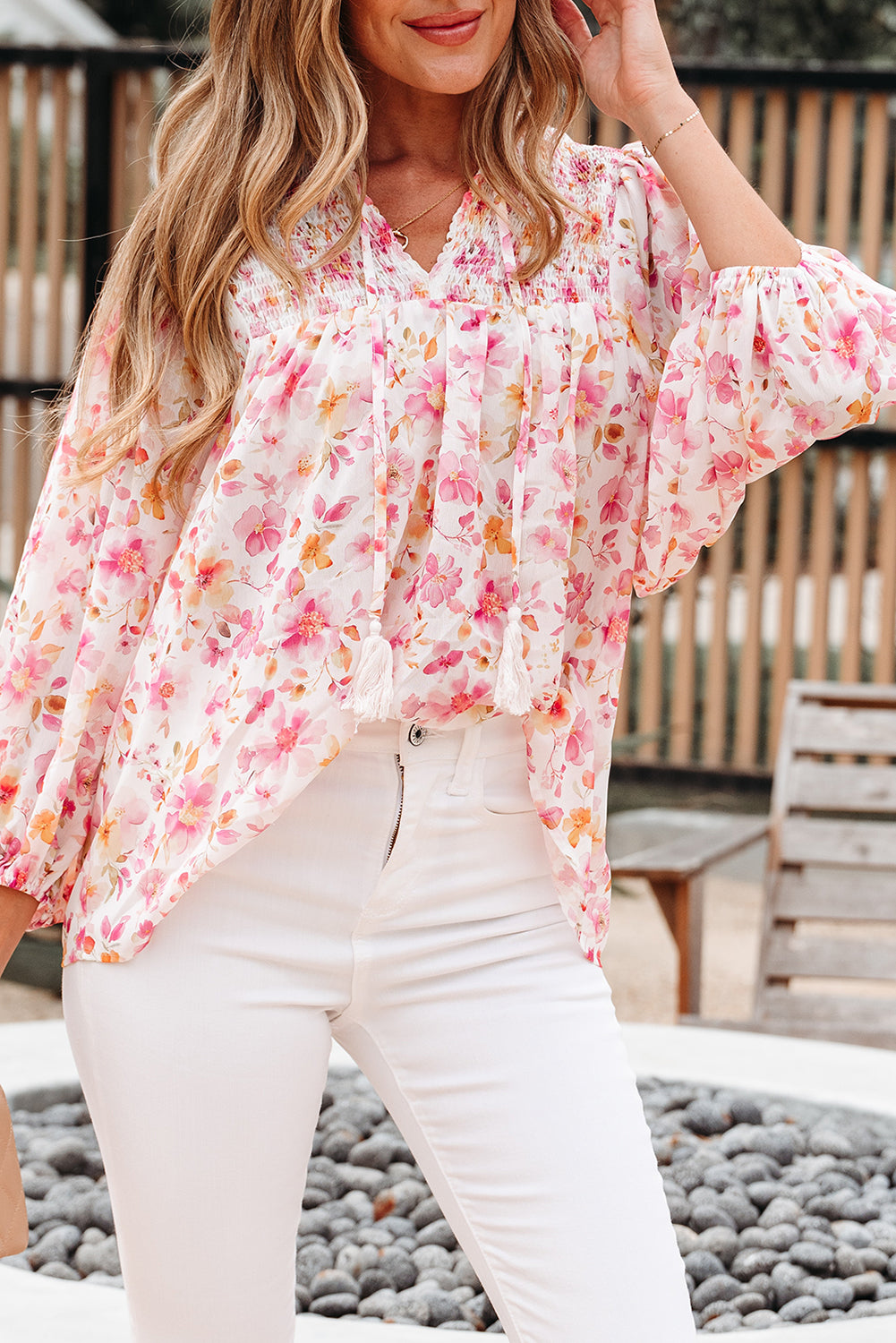 Floral Print Tassel Tie Smocked V Neck Puff Sleeve Tunic Blouse