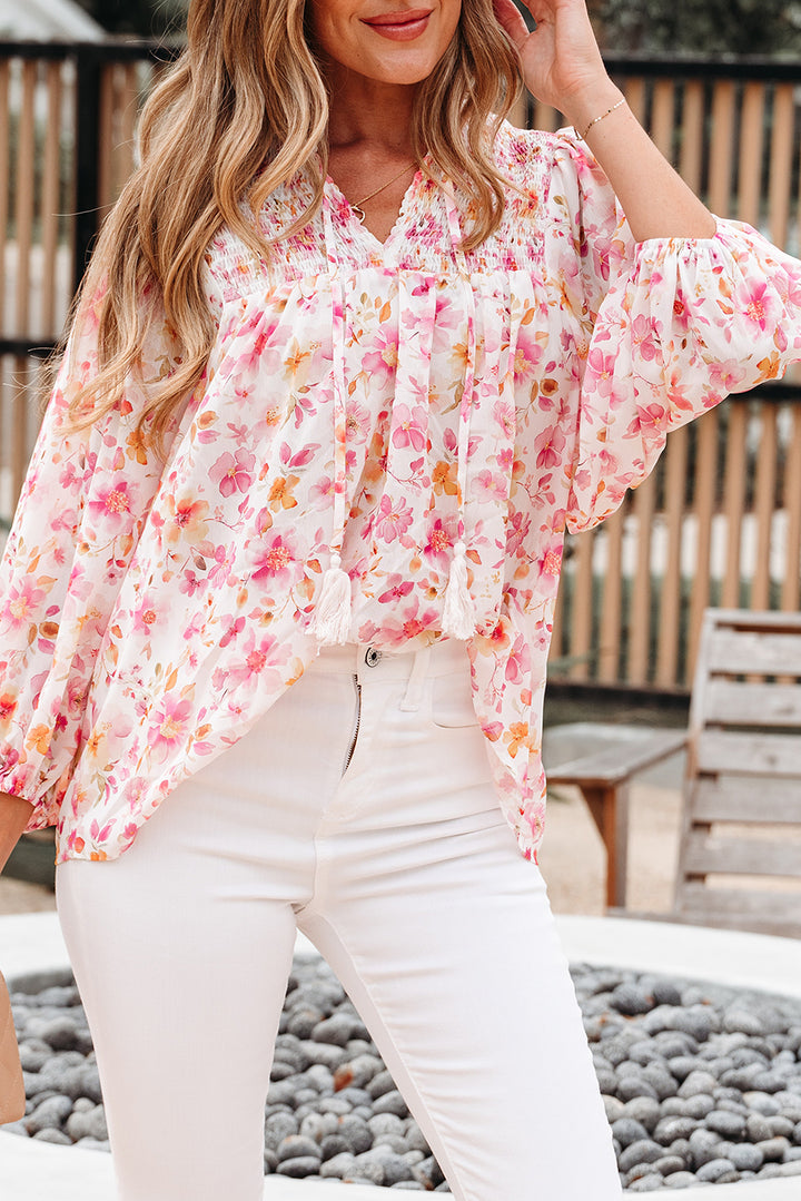 Floral Print Tassel Tie Smocked V Neck Puff Sleeve Tunic Blouse