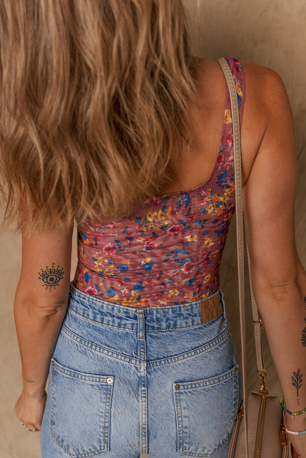 Floral Printed Mesh U Neck Sleeveless Bodysuit